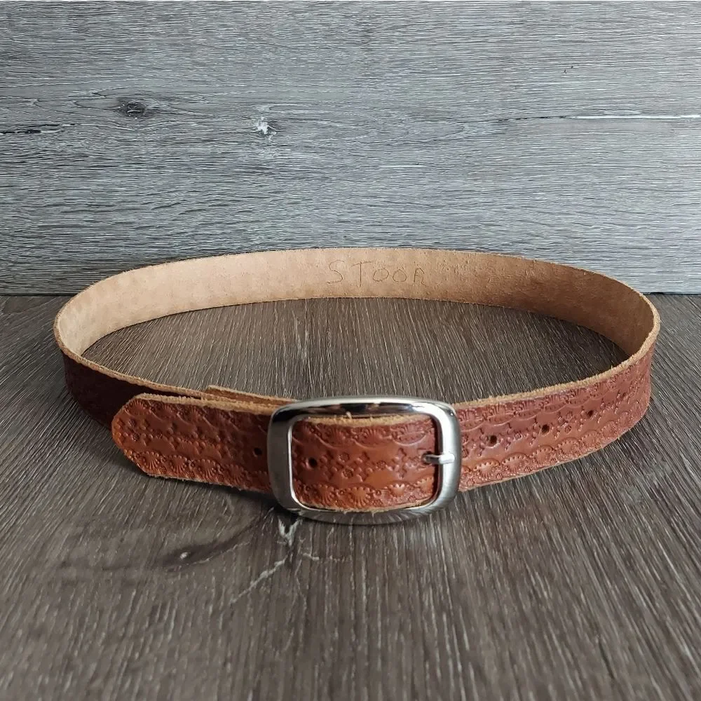 Brown Tooled Embossed Leather Belt 36